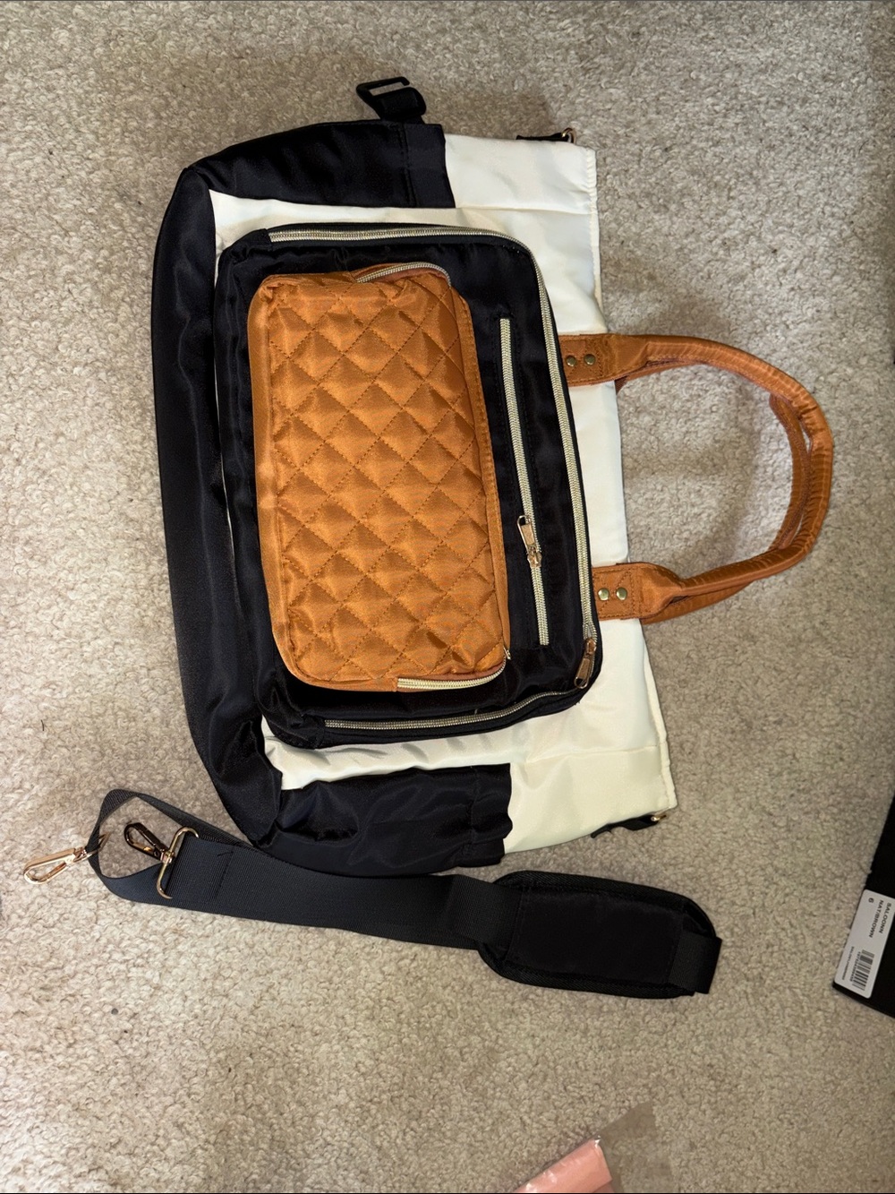 Two-Tone Quilted Accent Tote Bag in Brown and Black